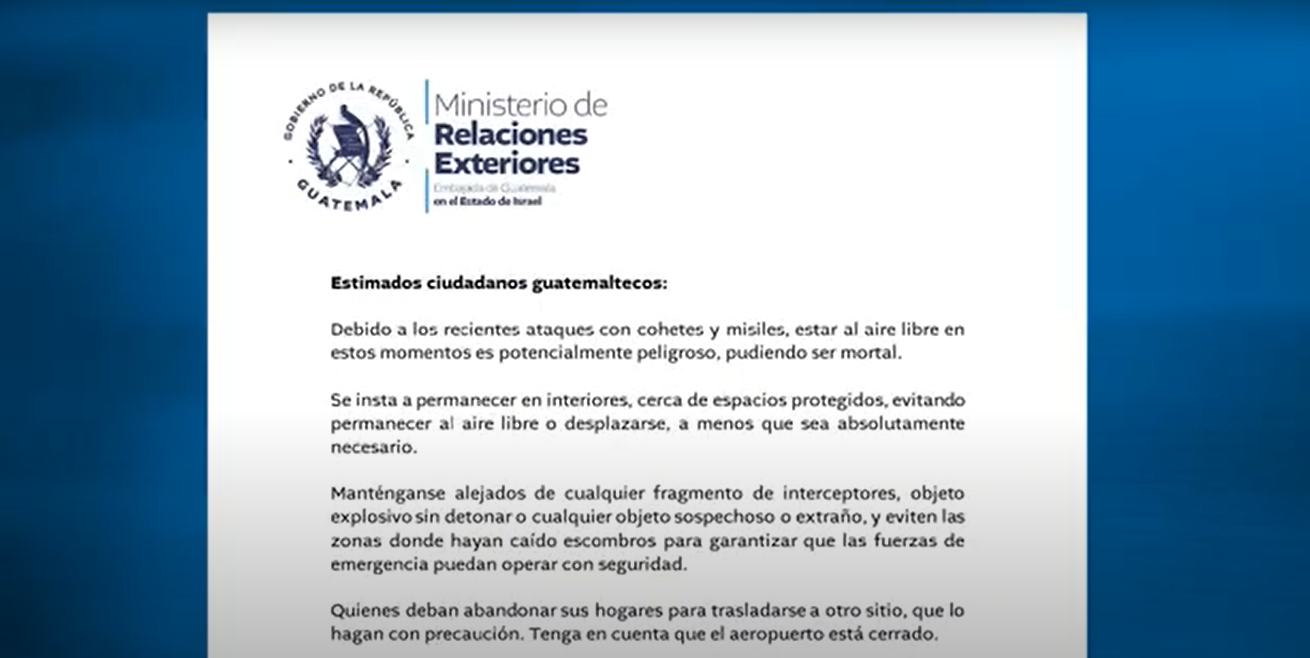 La Embajada de Guatemala en Israel pidió resguardo a los connacionales tras los ataques