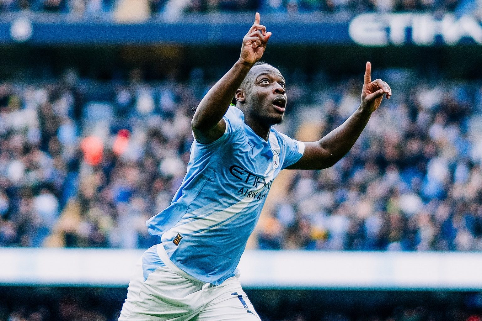 Jeremy Doku of Manchester City celebrates after scoring a goal to make it 1 - 0 during the Premier League match between Manchester City and Brentford at the Etihad Stadium, Manchester, England. Saturday 9th May 2026. (Photo by Isaac Parkin/Manchester City FC)