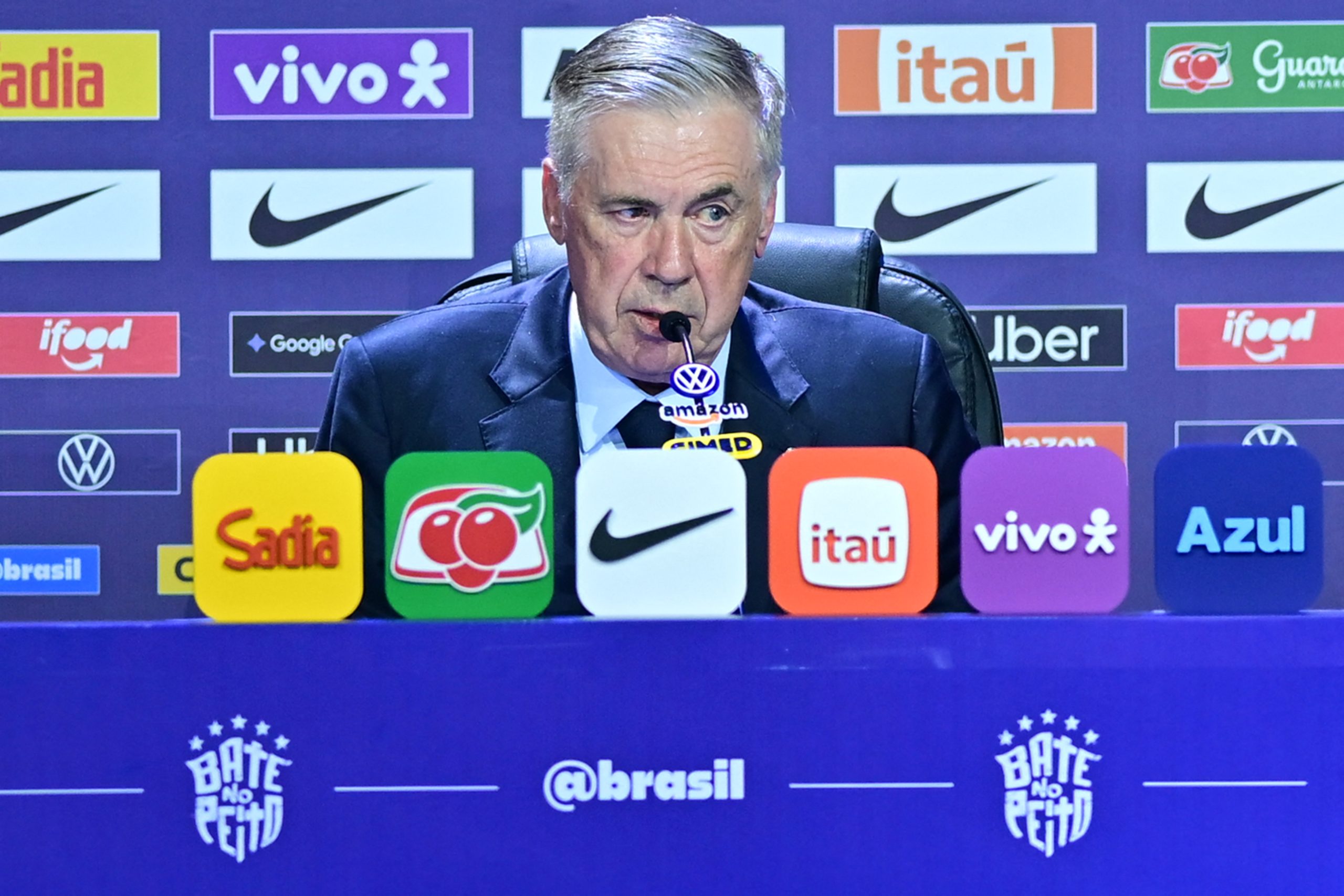 Brazilian national team coach Carlo Ancelotti attends during the announcement of the Brazilian squad for the 2026 FIFA World Cup at Museu do Amanhã on May 18, 2026 in Rio de Janeiro, Brazil. (Photo by EDUARDO CARMIM / Brazil Photo Press via AFP)