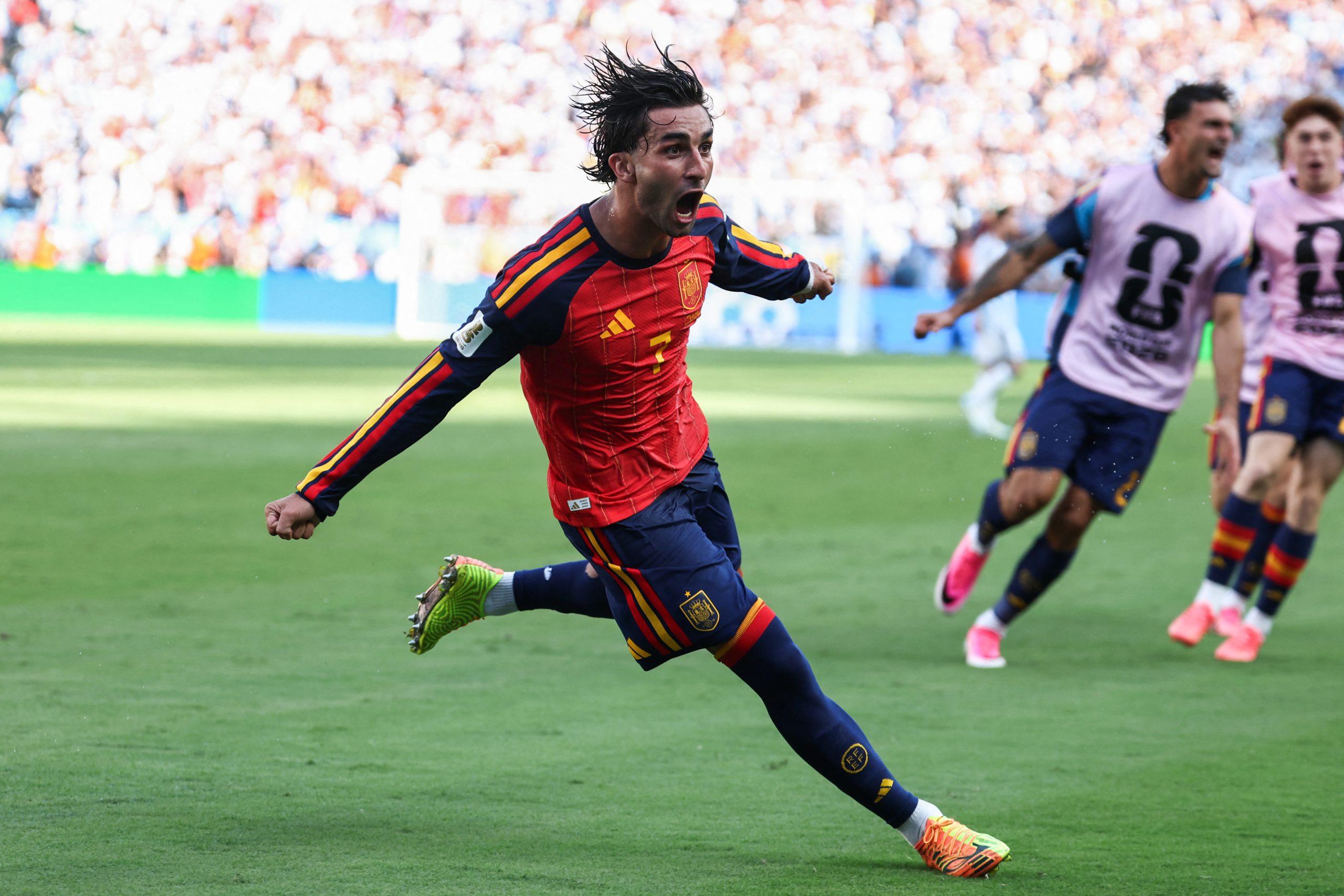 Spain's forward #07 Ferran Torres celebrates scoring his team's first goal during the 2026 World Cup football tournament final match between Spain and Argentina at the New York/New Jersey Stadium in East Rutherford on July 19, 2026.  (Photo by FRANCK FIFE / AFP)