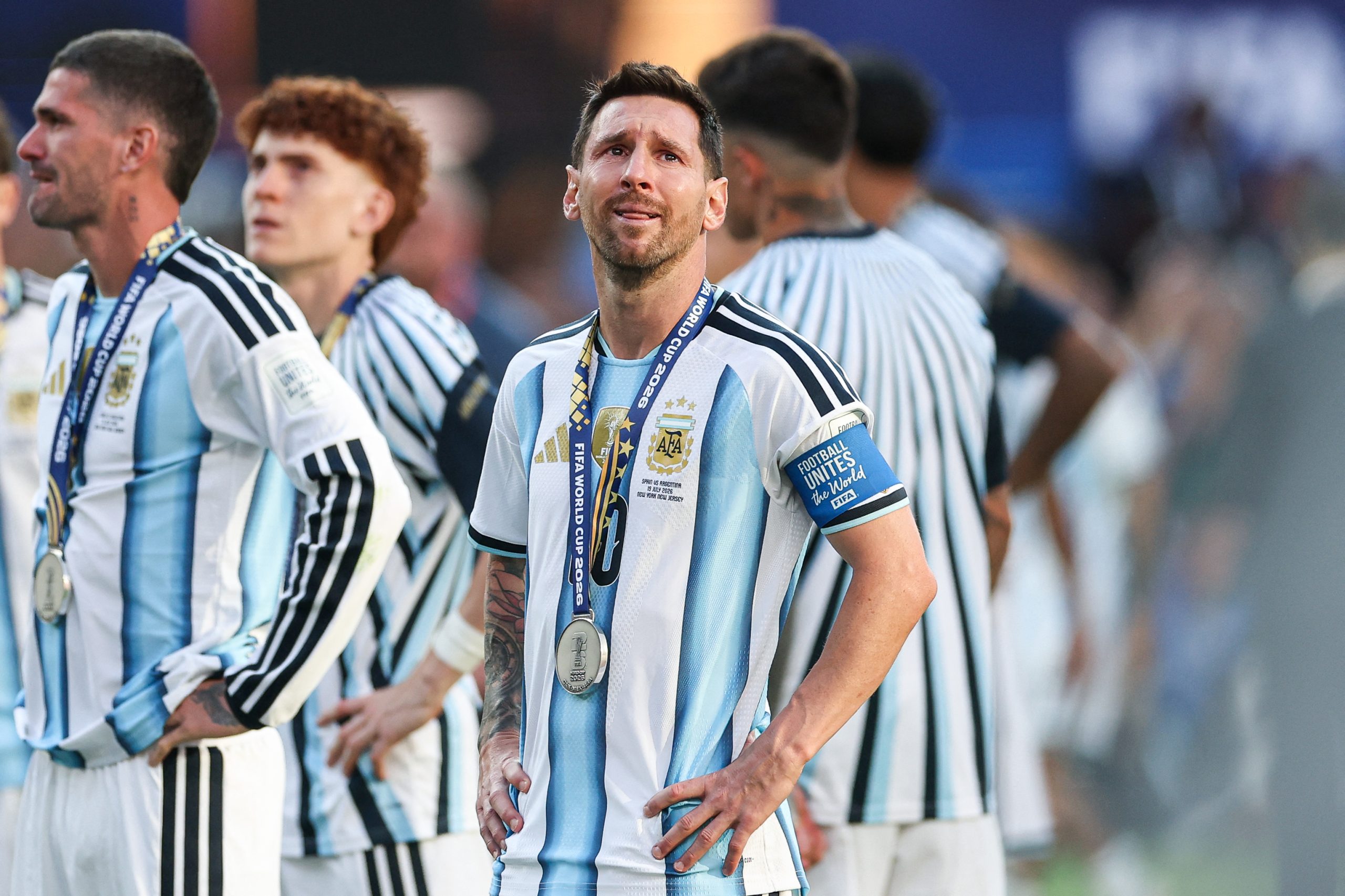 Argentina's forward #10 Lionel Messi reacts after losing the 2026 World Cup football tournament final match between Spain and Argentina at the New York/New Jersey Stadium in East Rutherford on July 19, 2026.  (Photo by PATRICIA DE MELO MOREIRA / AFP)