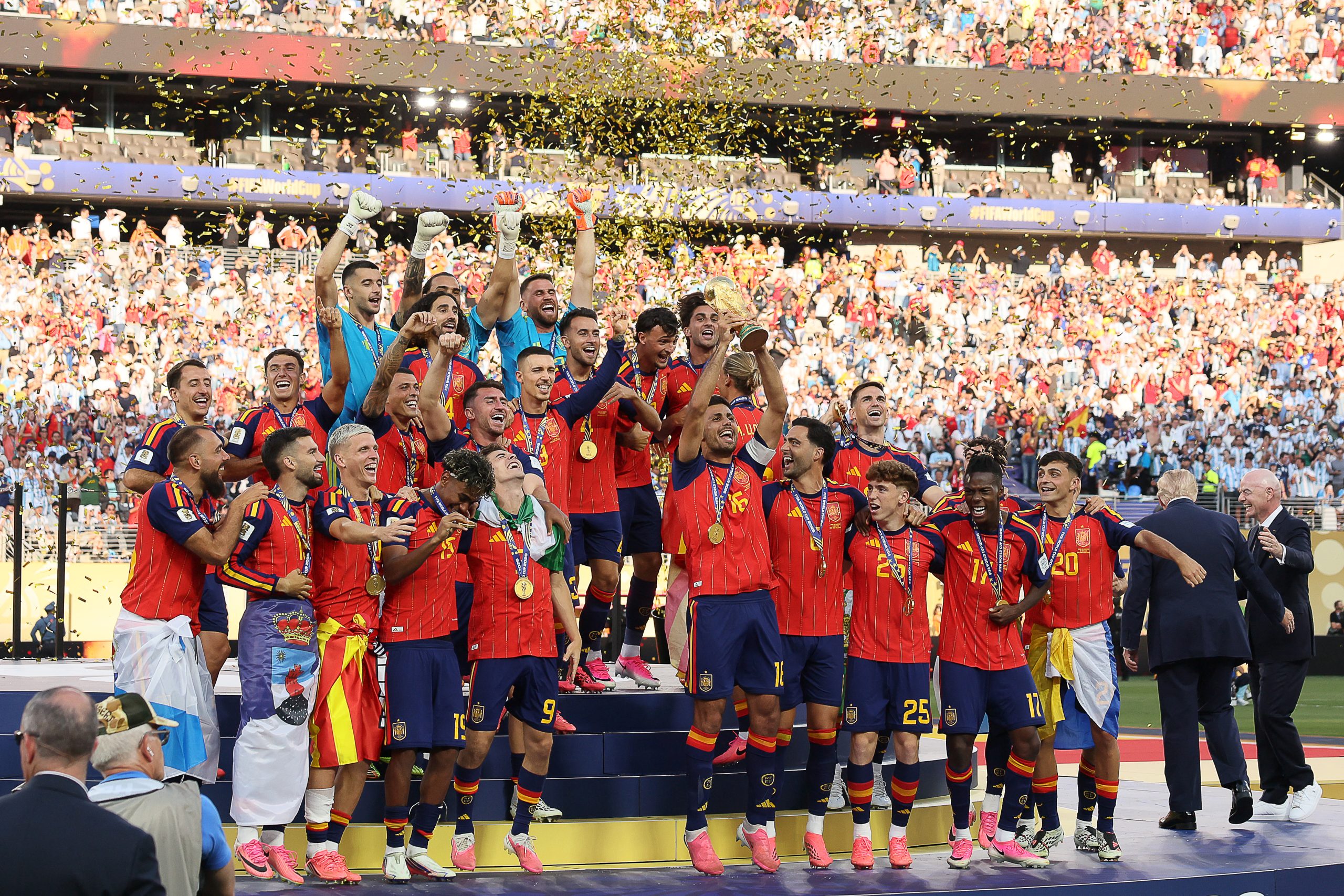 Spain's midfielder #16 Rodri lifts the trophy with his teammates after winning the 2026 World Cup football tournament final match between Spain and Argentina at the New York/New Jersey Stadium in East Rutherford on July 19, 2026.  (Photo by Odd ANDERSEN / AFP)